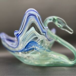 🦢 Vintage Murano Style Teal Blue Art Glass Swan Bowl Centerpiece 🦢